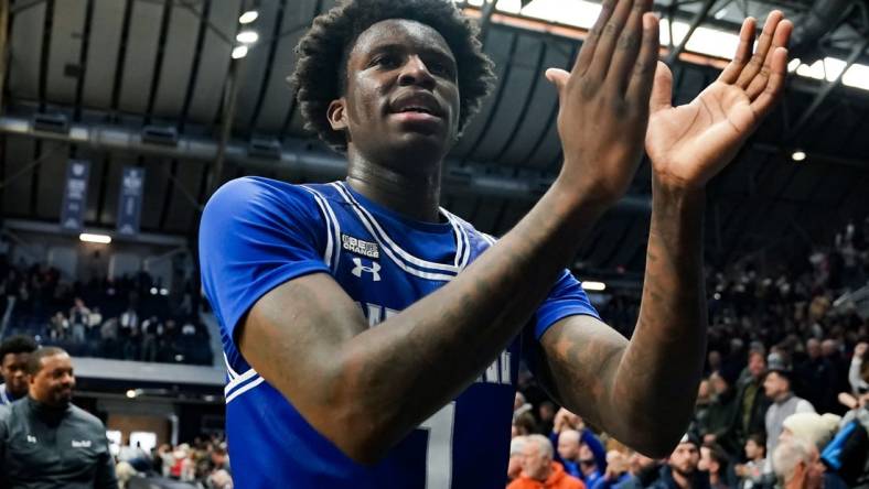 Jan 13, 2024; Indianapolis, Indiana, USA;  Seton Hall Pirates guard Kadary Richmond (1) celebrates after defeating the Butler Bulldogs at Hinkle Fieldhouse. Mandatory Credit: Robert Goddin-USA TODAY Sports