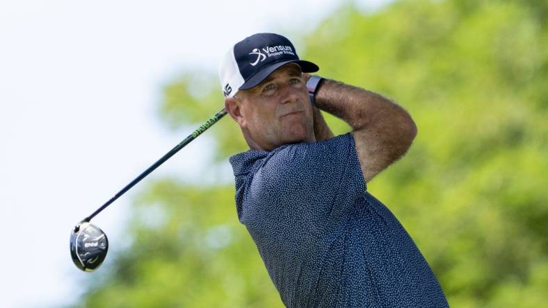 January 13, 2024; Honolulu, Hawaii, USA; Stewart Cink hits his tee shot on the second hole during the third round of the Sony Open in Hawaii golf tournament at Waialae Country Club. Mandatory Credit: Kyle Terada-USA TODAY Sports