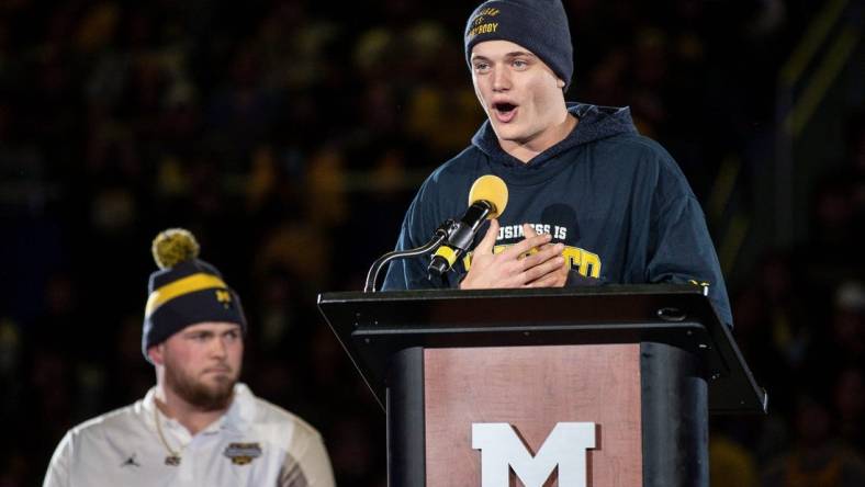 Jan 13, 2024; Ann Arbor, MI, USA; Michigan quarterback J.J. McCarthy speaks during the national championship celebration at Crisler Center in Ann Arbor on Saturday, Jan. 13, 2024. Mandatory Credit: Junfu Han-USA TODAY Sports