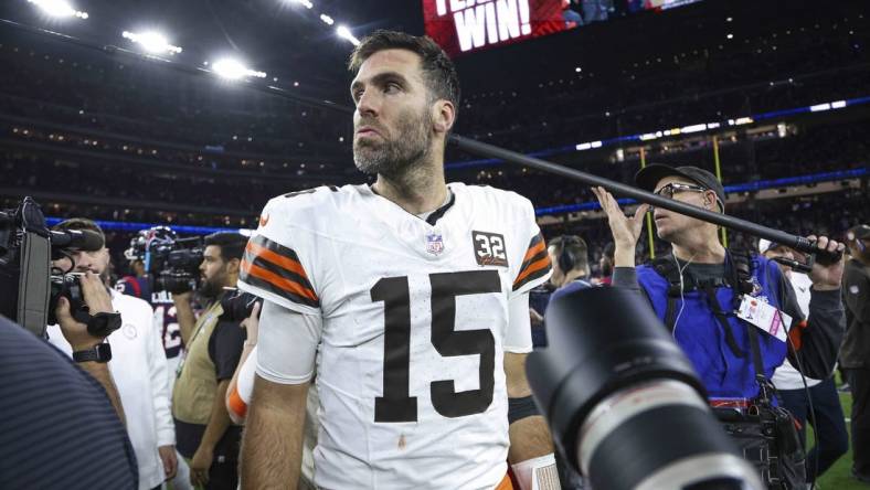 Jan 13, 2024; Houston, Texas, USA; Cleveland Browns quarterback Joe Flacco (15) on the field after a 2024 AFC wild card game against the Houston Texans at NRG Stadium. Mandatory Credit: Troy Taormina-USA TODAY Sports