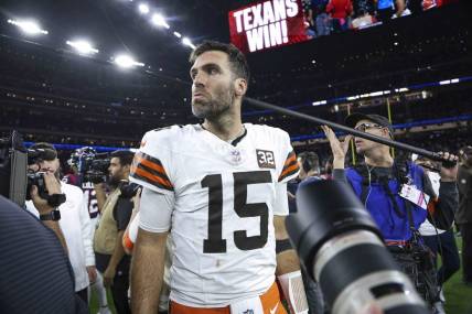 Jan 13, 2024; Houston, Texas, USA; Cleveland Browns quarterback Joe Flacco (15) on the field after a 2024 AFC wild card game against the Houston Texans at NRG Stadium. Mandatory Credit: Troy Taormina-USA TODAY Sports