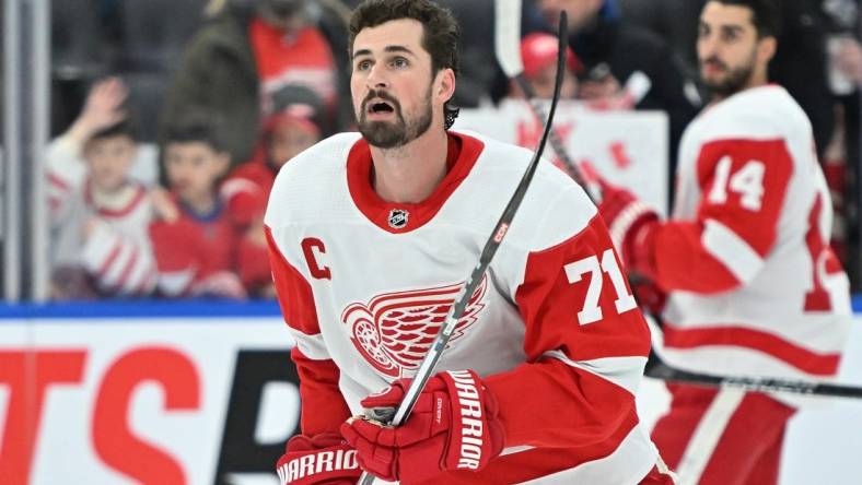 Jan 14, 2024; Toronto, Ontario, CAN;  Detroit Red Wings forward Dylan Larkin (71) warms up before playing the Toronto Maple Leafs at Scotiabank Arena. Mandatory Credit: Dan Hamilton-USA TODAY Sports
