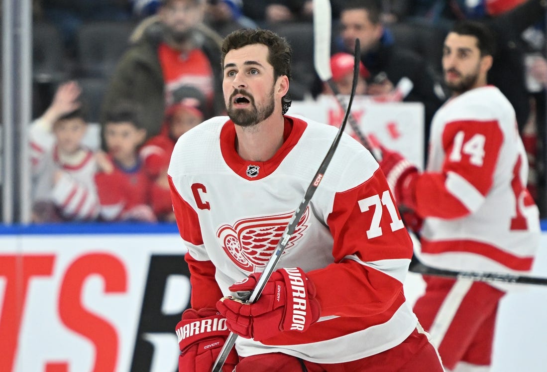 Jan 14, 2024; Toronto, Ontario, CAN;  Detroit Red Wings forward Dylan Larkin (71) warms up before playing the Toronto Maple Leafs at Scotiabank Arena. Mandatory Credit: Dan Hamilton-USA TODAY Sports