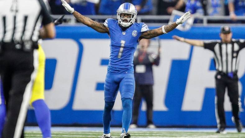 Detroit Lions cornerback Cameron Sutton (1) celebrates a play against the Los Angeles Rams during the second half of the wild-card round game at Ford Field in Detroit on Sunday, Jan, 14, 2024.