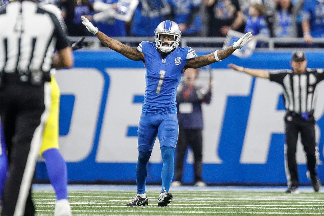 Detroit Lions cornerback Cameron Sutton (1) celebrates a play against the Los Angeles Rams during the second half of the wild-card round game at Ford Field in Detroit on Sunday, Jan, 14, 2024.