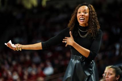 Jan 15, 2024; Columbia, South Carolina, USA; Kentucky Wildcats head coach Kyra Elzy disputes a call against the South Carolina Gamecocks in the first half at Colonial Life Arena. Mandatory Credit: Jeff Blake-USA TODAY Sports