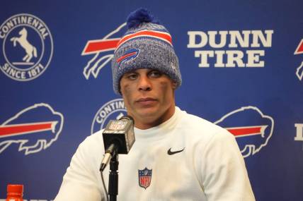 Jan 15, 2024; Orchard Park, New York, USA; Buffalo Bills safety Jordan Poyer (21) at a press conference after a 2024 AFC wild card game at Highmark Stadium. Mandatory Credit: Kirby Lee-USA TODAY Sports