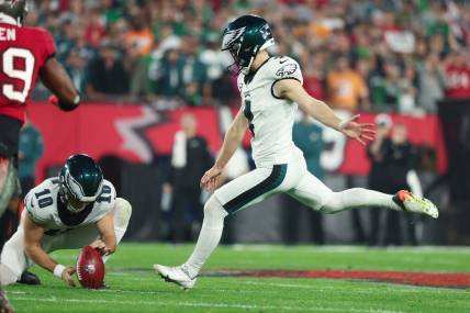 Jan 15, 2024; Tampa, Florida, USA; Philadelphia Eagles place kicker Jake Elliott (4) kicks a field goal against the Tampa Bay Buccaneers during the first half of a 2024 NFC wild card game at Raymond James Stadium. Mandatory Credit: Kim Klement Neitzel-USA TODAY Sports