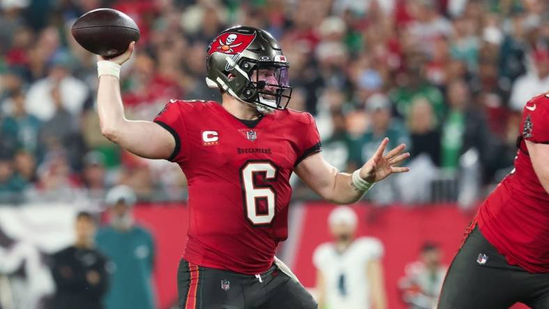 Jan 15, 2024; Tampa, Florida, USA; Tampa Bay Buccaneers quarterback Baker Mayfield (6) throws against the Philadelphia Eagles during the first half of a 2024 NFC wild card game at Raymond James Stadium. Mandatory Credit: Kim Klement Neitzel-USA TODAY Sports