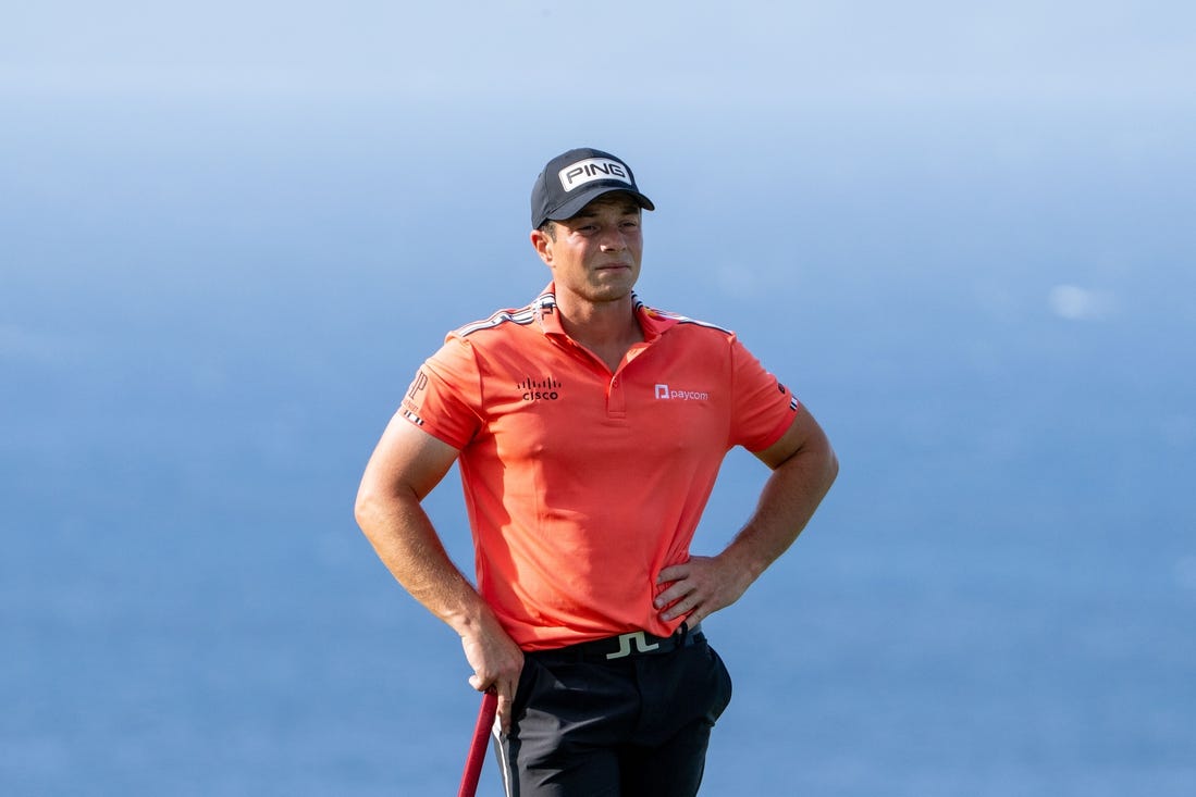 January 4, 2024; Maui, Hawaii, USA; Viktor Hovland on the 14th hole during the first round of The Sentry golf tournament at Kapalua Golf - The Plantation Course. Mandatory Credit: Kyle Terada-USA TODAY Sports