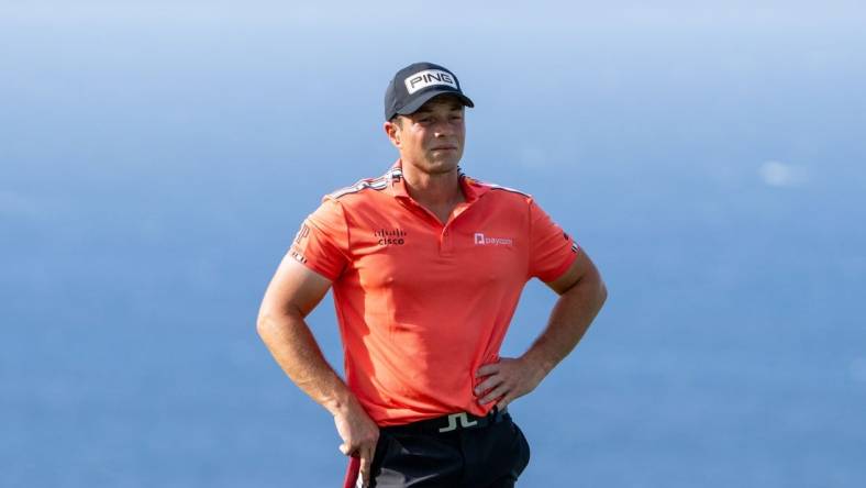 January 4, 2024; Maui, Hawaii, USA; Viktor Hovland on the 14th hole during the first round of The Sentry golf tournament at Kapalua Golf - The Plantation Course. Mandatory Credit: Kyle Terada-USA TODAY Sports