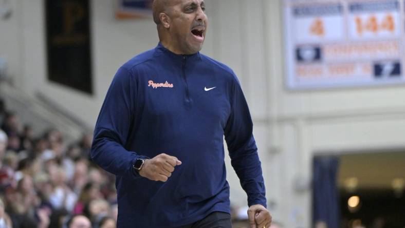 Jan 18, 2024; Malibu, California, USA; Pepperdine Waves head coach Lorenzo Romar looks on in the first half against the Gonzaga Bulldogs at Firestone Fieldhouse. Mandatory Credit: Jayne Kamin-Oncea-USA TODAY Sports