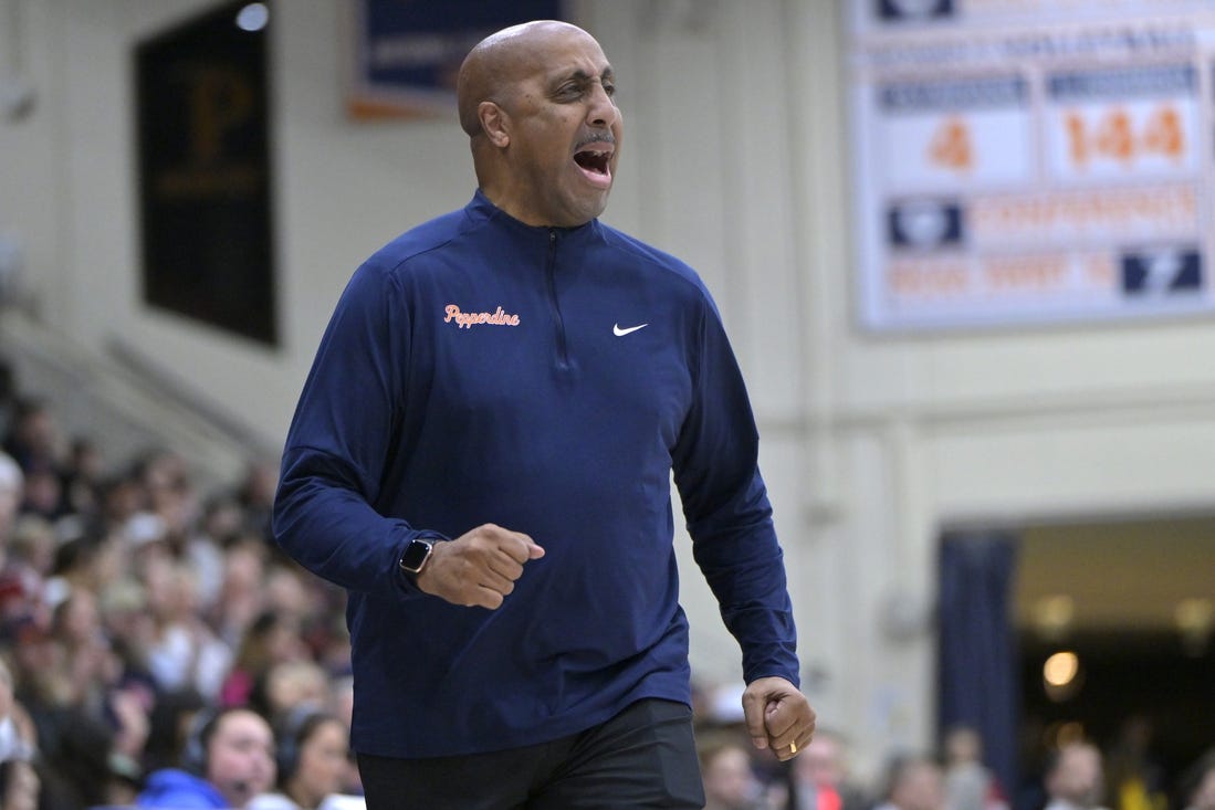 Jan 18, 2024; Malibu, California, USA; Pepperdine Waves head coach Lorenzo Romar looks on in the first half against the Gonzaga Bulldogs at Firestone Fieldhouse. Mandatory Credit: Jayne Kamin-Oncea-USA TODAY Sports