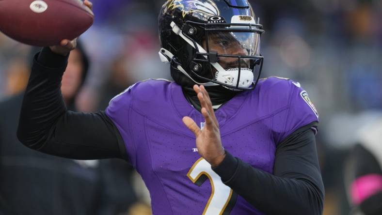 Jan 20, 2024; Baltimore, MD, USA; Baltimore Ravens quarterback Tyler Huntley (2) warms up before a 2024 AFC divisional round game against the Houston Texans at M&T Bank Stadium. Mandatory Credit: Mitch Stringer-USA TODAY Sports