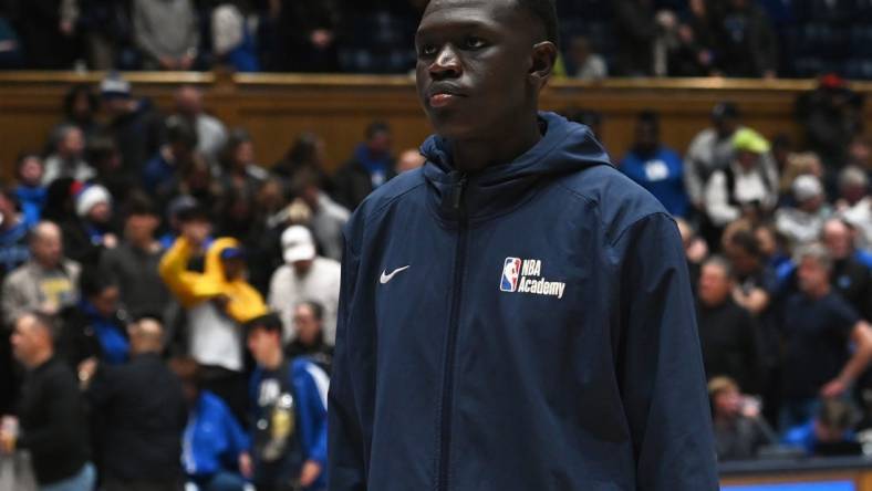 Jan 20, 2024; Durham, North Carolina, USA; Duke recruit Khaman Maluach leaves the court after watching a game between the Duke Blue Devils and Pittsburgh Panthers at Cameron Indoor Stadium. The Panthers won 80-76. Mandatory Credit: Rob Kinnan-USA TODAY Sports