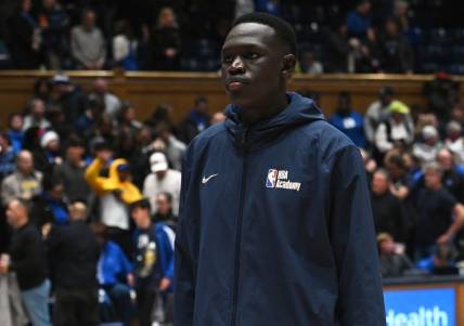 Jan 20, 2024; Durham, North Carolina, USA; Duke recruit Khaman Maluach leaves the court after watching a game between the Duke Blue Devils and Pittsburgh Panthers at Cameron Indoor Stadium. The Panthers won 80-76. Mandatory Credit: Rob Kinnan-USA TODAY Sports