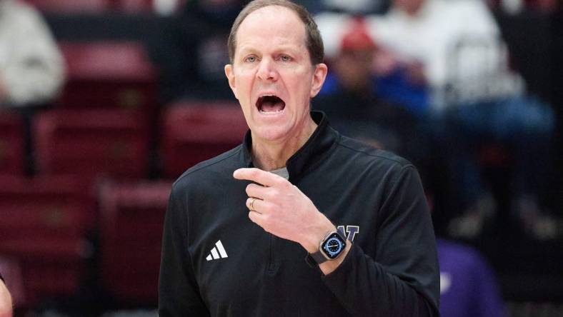 Jan 20, 2024; Stanford, California, USA; Washington Huskies head coach Mike Hopkins reacts during the game against the Stanford Cardinal during the second half at Maples Pavilion. Mandatory Credit: Robert Edwards-USA TODAY Sports