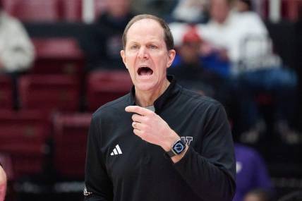 Jan 20, 2024; Stanford, California, USA; Washington Huskies head coach Mike Hopkins reacts during the game against the Stanford Cardinal during the second half at Maples Pavilion. Mandatory Credit: Robert Edwards-USA TODAY Sports