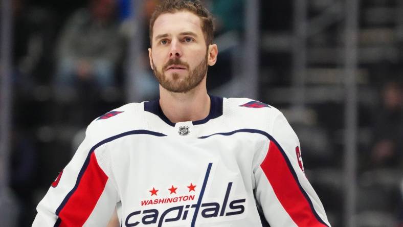 Jan 24, 2024; Denver, Colorado, USA; Washington Capitals defenseman Joel Edmundson (6) before the game against the Colorado Avalanche at Ball Arena. Mandatory Credit: Ron Chenoy-USA TODAY Sports