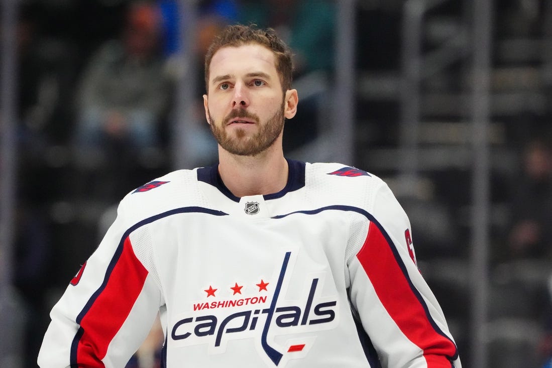 Jan 24, 2024; Denver, Colorado, USA; Washington Capitals defenseman Joel Edmundson (6) before the game against the Colorado Avalanche at Ball Arena. Mandatory Credit: Ron Chenoy-USA TODAY Sports