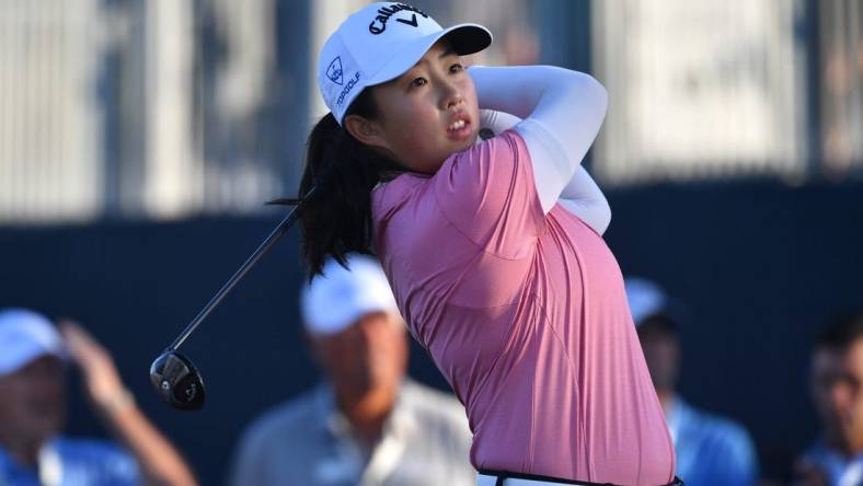 Ruoning Yin, from ShangHai, China, tees off on the first hole Thursday, Jan. 25, 2024 at the LPGA Drive On Championship at the Bradenton Country Club in Bradenton, Florida.