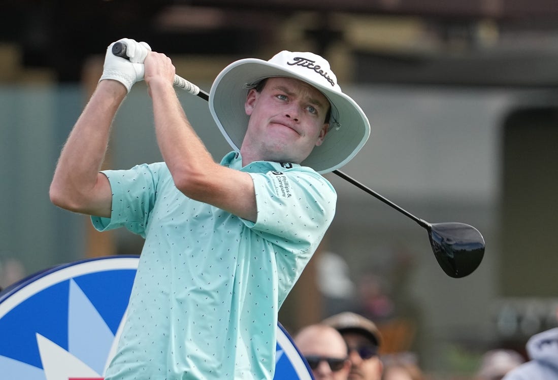 Jan 26, 2024; San Diego, California, USA; Joe Highsmith hits his tee shot on the first hole during the third round of the Farmers Insurance Open golf tournament at Torrey Pines Municipal Golf Course - South Course. Mandatory Credit: Ray Acevedo-USA TODAY Sports