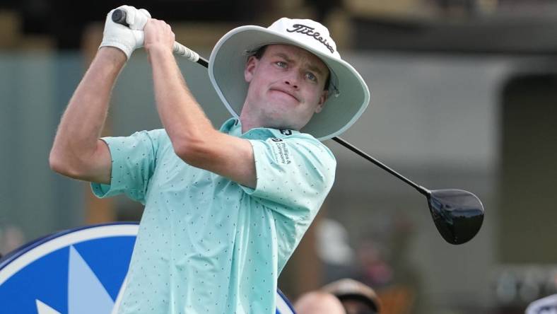 Jan 26, 2024; San Diego, California, USA; Joe Highsmith hits his tee shot on the first hole during the third round of the Farmers Insurance Open golf tournament at Torrey Pines Municipal Golf Course - South Course. Mandatory Credit: Ray Acevedo-USA TODAY Sports