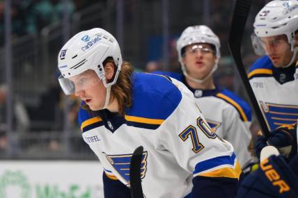 Jan 26, 2024; Seattle, Washington, USA; St. Louis Blues center Oskar Sundqvist (70) after scoring a goal against the Seattle Kraken during the first period at Climate Pledge Arena. Mandatory Credit: Steven Bisig-USA TODAY Sports