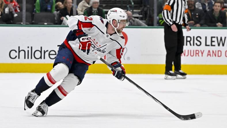 Jan 27, 2024; Dallas, Texas, USA; Washington Capitals center Evgeny Kuznetsov (92) skates against the Dallas Stars during the second period at the American Airlines Center. Mandatory Credit: Jerome Miron-USA TODAY Sports