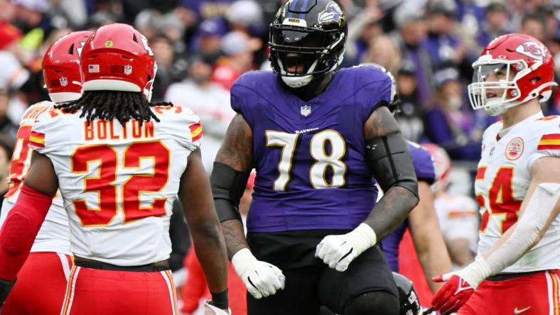 Jan 28, 2024; Baltimore, Maryland, USA; Baltimore Ravens offensive tackle Morgan Moses (78) reacts after a play against the Kansas City Chiefs during the first half in the AFC Championship football game at M&T Bank Stadium. Mandatory Credit: Tommy Gilligan-USA TODAY Sports