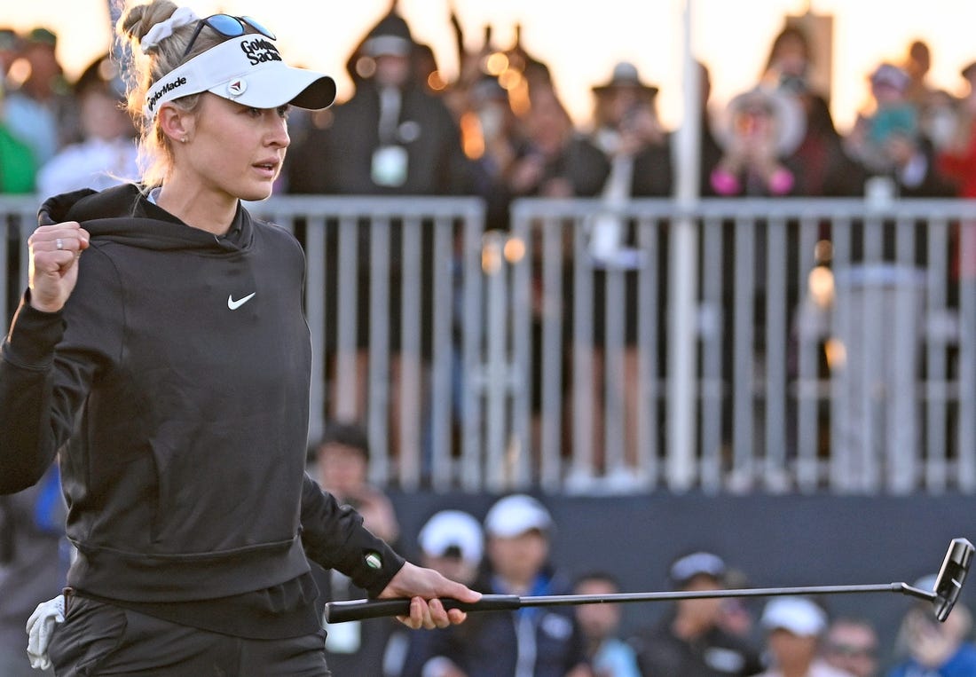 Bradenton's Nelly Korda reacts after sinking winning the putt and defeats Lydia Ko, off camera, in a sudden-death playoff to capture LPGA Drive On Championship at Bradenton's Country Club on Sunday, Jan. 28, 2024. THOMAS BENDER/HERALD-TRIBUNE