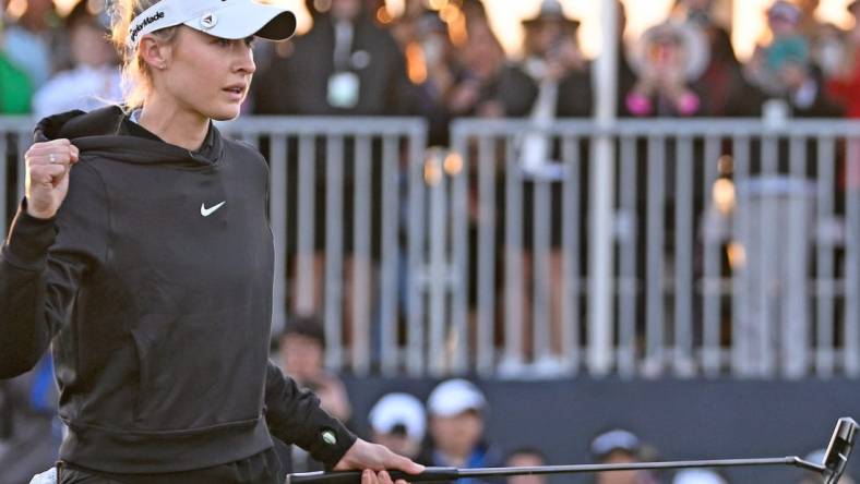 Bradenton's Nelly Korda reacts after sinking winning the putt and defeats Lydia Ko, off camera, in a sudden-death playoff to capture LPGA Drive On Championship at Bradenton's Country Club on Sunday, Jan. 28, 2024. THOMAS BENDER/HERALD-TRIBUNE