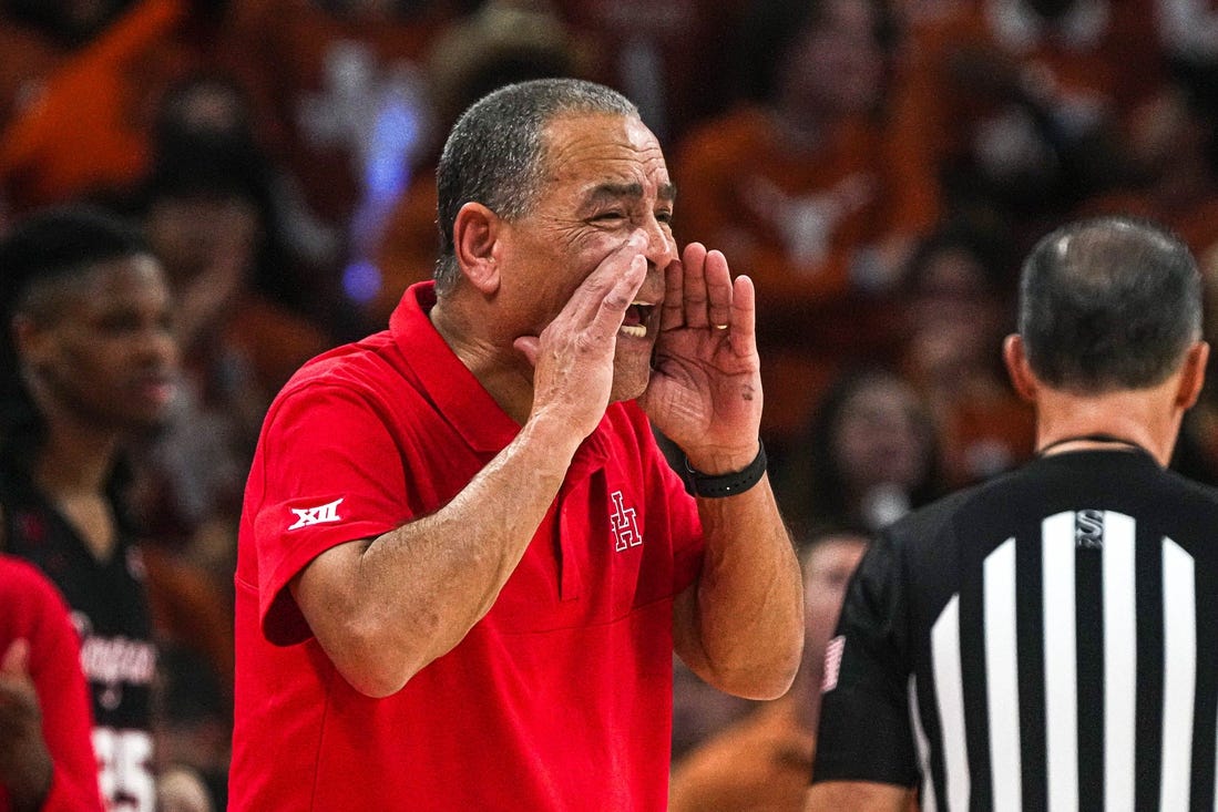 Houston head coach Kelvin Sampson yells instructions from the sideline during the basketball game against the Texas Longhorns at the Moody Center on Monday, Jan. 29, 2024 in Austin.