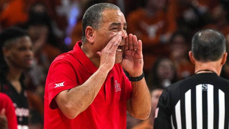 Houston head coach Kelvin Sampson yells instructions from the sideline during the basketball game against the Texas Longhorns at the Moody Center on Monday, Jan. 29, 2024 in Austin.