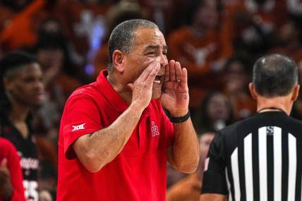 Houston head coach Kelvin Sampson yells instructions from the sideline during the basketball game against the Texas Longhorns at the Moody Center on Monday, Jan. 29, 2024 in Austin.