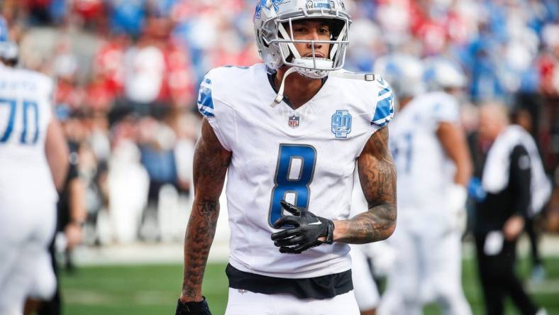 Detroit Lions receiver Josh Reynolds warms up before the NFC championship game against the San Francisco 49ers at Levi's Stadium in Santa Clara, Calif. on Sunday, Jan. 28, 2024.