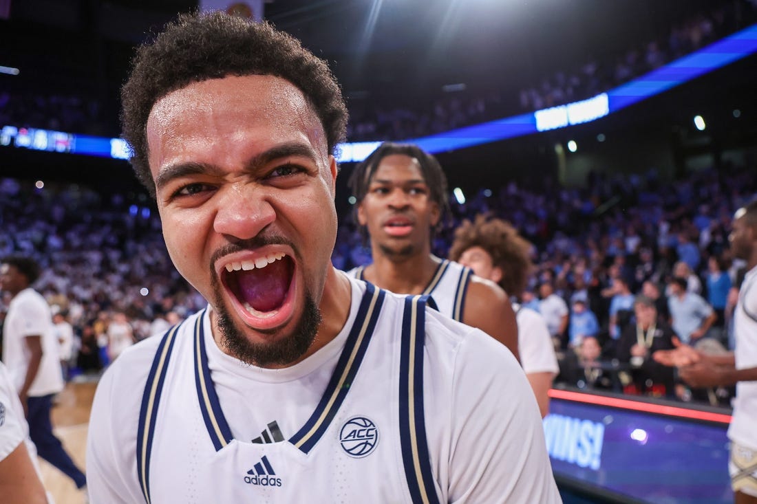 Jan 30, 2024; Atlanta, Georgia, USA; Georgia Tech Yellow Jackets guard Kyle Sturdivant (1) celebrates after a victory against the North Carolina Tar Heels at McCamish Pavilion. Mandatory Credit: Brett Davis-USA TODAY Sports