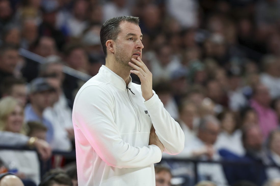 Jan 30, 2024; Logan, Utah, USA; Utah State Aggies head coach Danny Sprinkle looks on during the first half against the San Jose State Spartans at Dee Glen Smith Spectrum. Mandatory Credit: Rob Gray-USA TODAY Sports