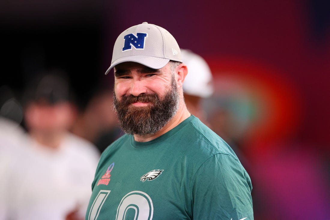 Feb 1, 2024; Orlando, FL, USA;  Philadelphia Eagles center Jason Kelce (62) participates in the NFL Pro Bowl Skills Competition at the UCF NIcholson Fieldhouse. Mandatory Credit: Nathan Ray Seebeck-USA TODAY Sports