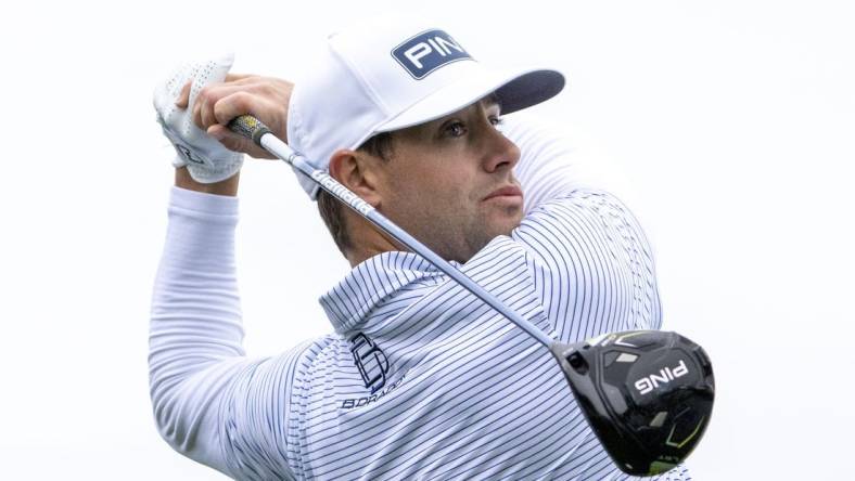 February 3, 2024; Pebble Beach, California, USA; Taylor Moore hits his tee shot on the third hole during the third round of the AT&T Pebble Beach Pro-Am golf tournament at Pebble Beach Golf Links. Mandatory Credit: Kyle Terada-USA TODAY Sports