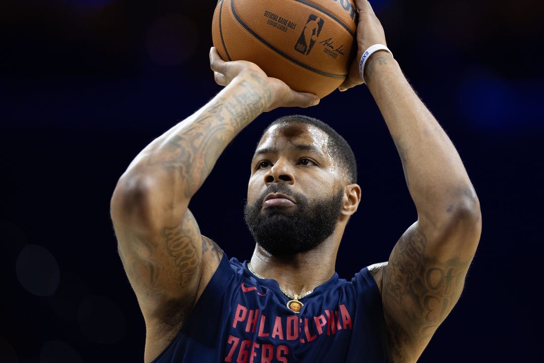 Feb 3, 2024; Philadelphia, Pennsylvania, USA; Philadelphia 76ers forward Marcus Morris Sr. warms up before action against the Brooklyn Nets at Wells Fargo Center. Mandatory Credit: Bill Streicher-USA TODAY Sports