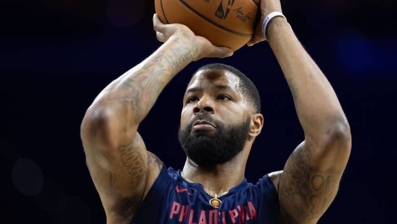 Feb 3, 2024; Philadelphia, Pennsylvania, USA; Philadelphia 76ers forward Marcus Morris Sr. warms up before action against the Brooklyn Nets at Wells Fargo Center. Mandatory Credit: Bill Streicher-USA TODAY Sports