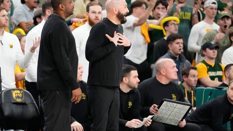 Feb 3, 2024; Waco, Texas, USA; Baylor Bears associate head coach John Jakus reacts after receiving a technical foul against the Iowa State Cyclones during the second half at Paul and Alejandra Foster Pavilion. Mandatory Credit: Chris Jones-USA TODAY Sports