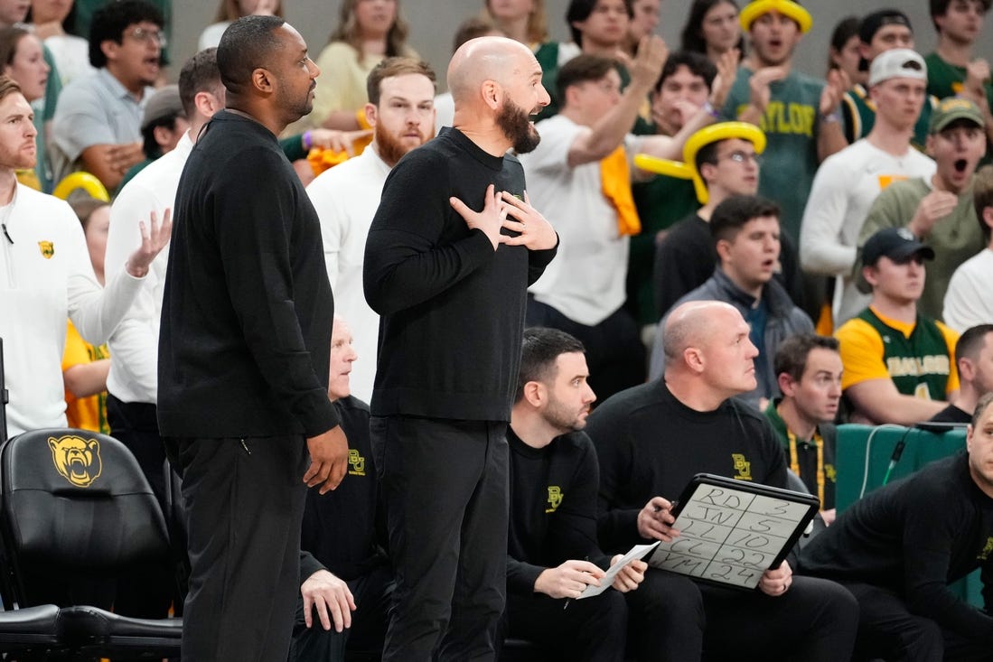 Feb 3, 2024; Waco, Texas, USA; Baylor Bears associate head coach John Jakus reacts after receiving a technical foul against the Iowa State Cyclones during the second half at Paul and Alejandra Foster Pavilion. Mandatory Credit: Chris Jones-USA TODAY Sports