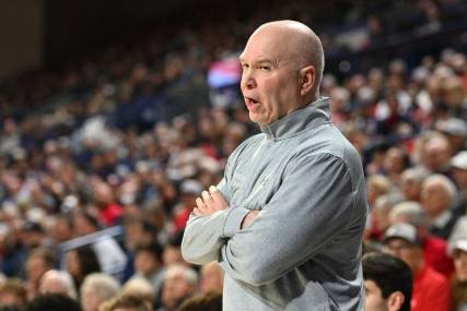 Feb 3, 2024; Spokane, Washington, USA; St. Mary's Gaels head coach Randy Bennett looks on against the Gonzaga Bulldogs in the first half at McCarthey Athletic Center. Mandatory Credit: James Snook-USA TODAY Sports