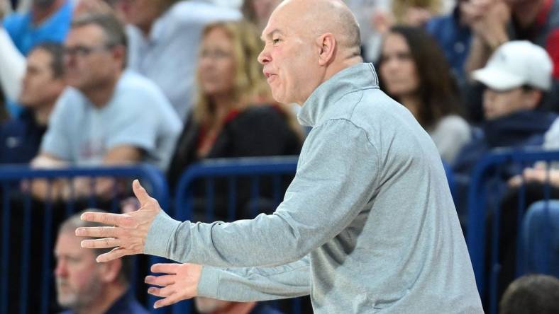 Feb 3, 2024; Spokane, Washington, USA; St. Mary's Gaels head coach Randy Bennett reacts after a play against the Gonzaga Bulldogs in the second half at McCarthey Athletic Center. St. Mary's Gaels won 64-62. Mandatory Credit: James Snook-USA TODAY Sports