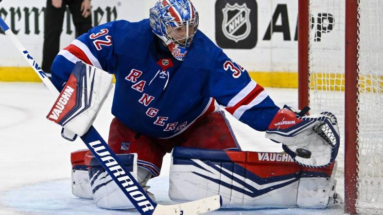 Feb 5, 2024; New York, New York, USA;  New York Rangers goaltender Jonathan Quick (32) makes a save against the Colorado Avalanche during the third period at Madison Square Garden. Mandatory Credit: Dennis Schneidler-USA TODAY Sports