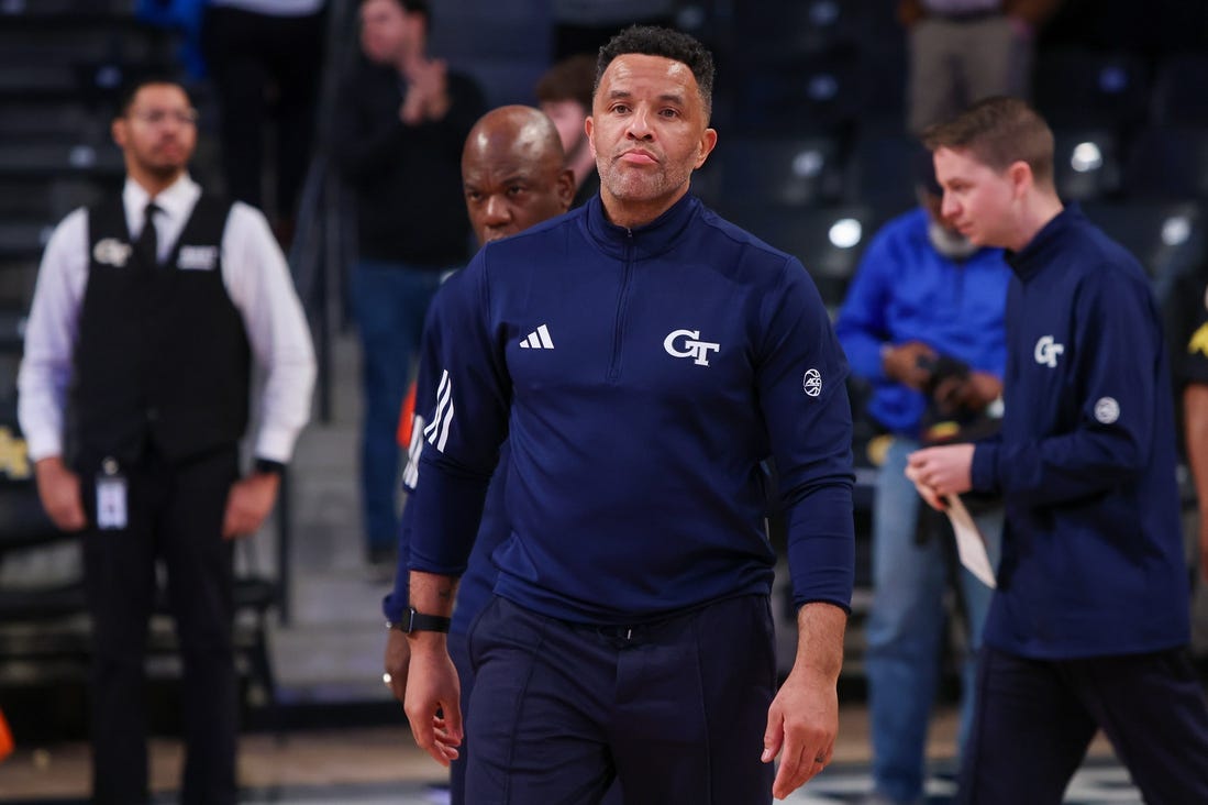 Feb 6, 2024; Atlanta, Georgia, USA; Georgia Tech Yellow Jackets head coach Damon Stoudamire reacts after a loss against the Wake Forest Demon Deacons at McCamish Pavilion. Mandatory Credit: Brett Davis-USA TODAY Sports