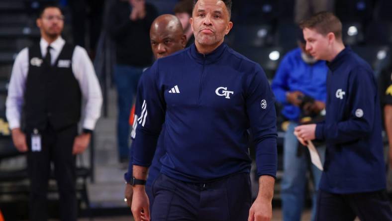 Feb 6, 2024; Atlanta, Georgia, USA; Georgia Tech Yellow Jackets head coach Damon Stoudamire reacts after a loss against the Wake Forest Demon Deacons at McCamish Pavilion. Mandatory Credit: Brett Davis-USA TODAY Sports