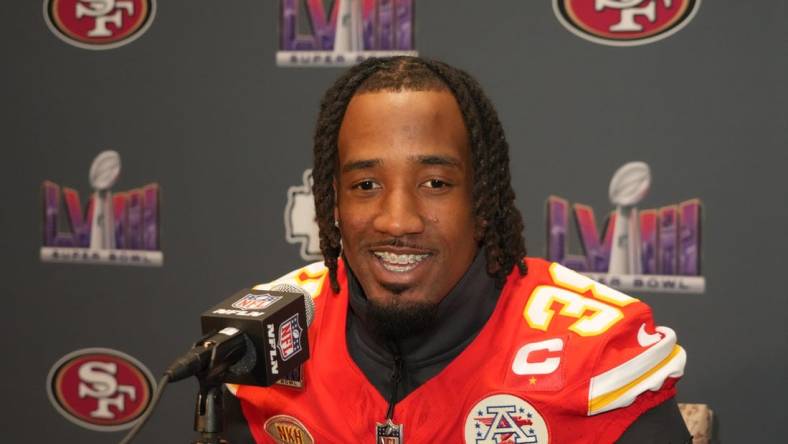 Feb 7, 2024; Las Vegas, NV, USA; Kansas City Chiefs cornerback L'Jarius Sneed (38) during a press conference before Super Bowl LVIII at Westin Lake Las Vegas Resort and Spa. Mandatory Credit: Kirby Lee-USA TODAY Sports